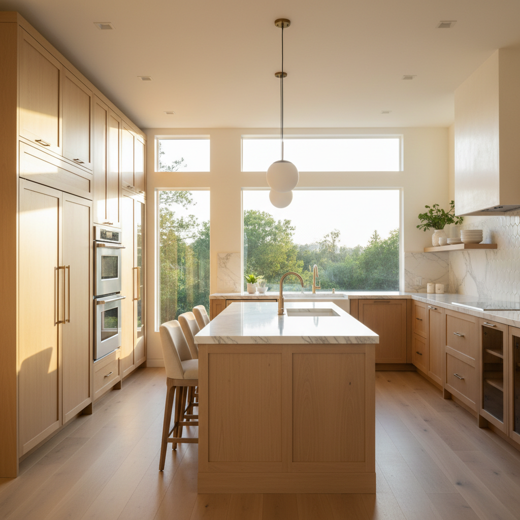 Bright upscale kitchen with integrated refrigerator and wall oven