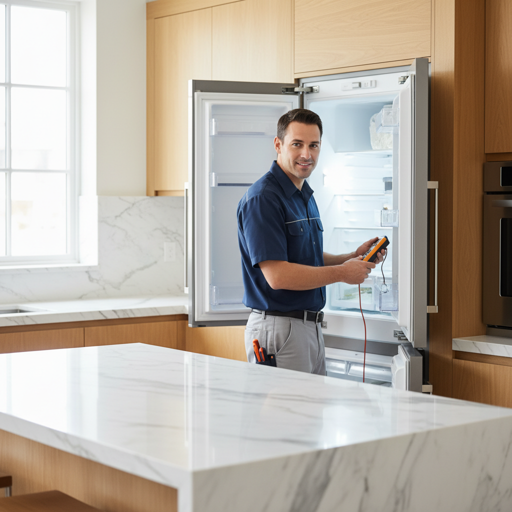 Professional appliance repair technician inspecting a built-in refrigerator